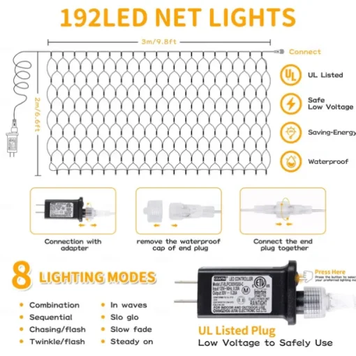 3*2M 192 LED Net Lights Outdoor Mesh Lights,8 Modes Net Lights for Bushes Plug in, Waterproof Christmas Halloween Decoration Net String Lights for Bushes Ceiling Wedding Indoor Outdoor(9.8ft x 6.6ft)