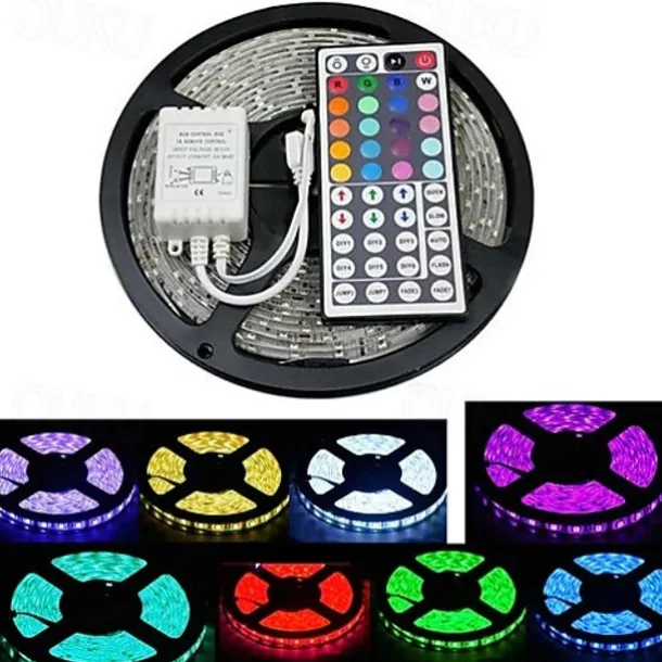 5M 16.4ft LED Strip Lights RGB TV Backlight Bedroom Kitchen Decor 300 x 5050SMD IR 44Key Remote Control Self-adhesive Color-Changing