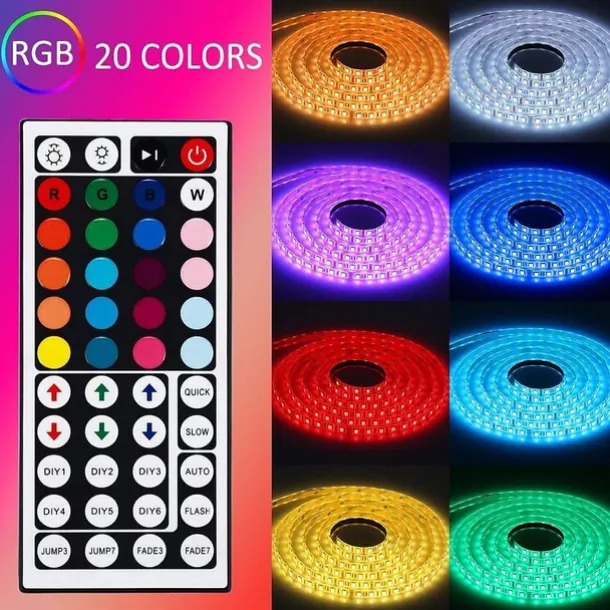 5M 16.4ft LED Strip Lights RGB TV Backlight Bedroom Kitchen Decor 300 x 5050SMD IR 44Key Remote Control Self-adhesive Color-Changing