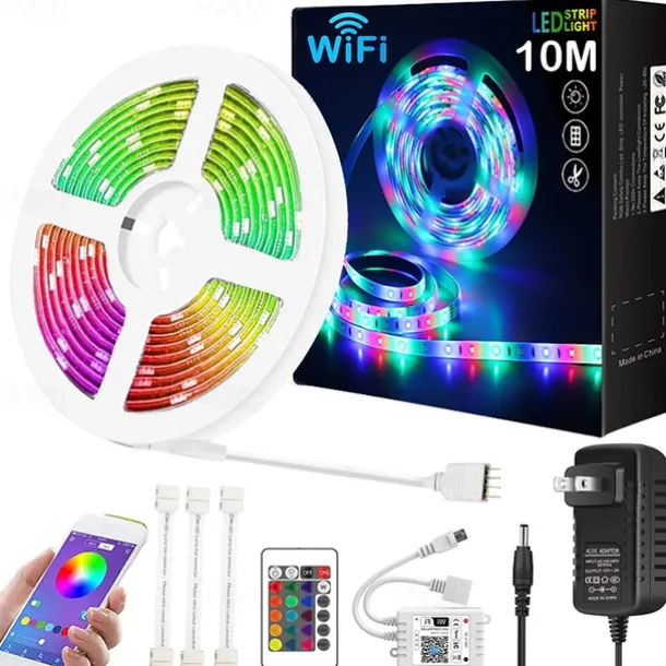 10M 33ft Smart SMD 5050 RGB LED Strip Light WIFI App Controlled Music Sync Work with Alexa Google Home Kitchen TV Party 180 LEDs with 24-Key Controller DC12V