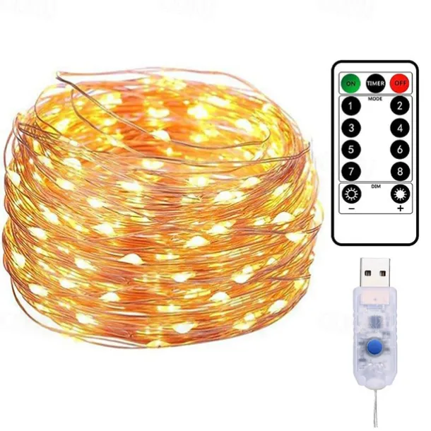 10M 100LED LED Fairy Lights LED String Lights Waterproof Remote Control 8 Function Copper Wire Outdoor AA Battery-Powered Christmas Wedding Birthday Family Party Room Decoration Without Batte