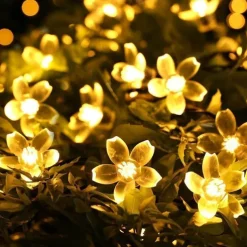 7M LED Solar Outdoor String Lights, 50 Cherry Blossom LEDs in Warm White, RGB, White & Blue, Waterproof Wedding Garden Christmas Decoration with Mounting Bracket