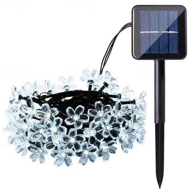 7M LED Solar Outdoor String Lights, 50 Cherry Blossom LEDs in Warm White, RGB, White & Blue, Waterproof Wedding Garden Christmas Decoration with Mounting Bracket