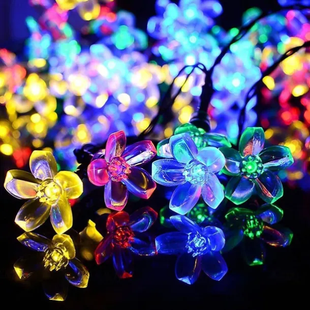 7M LED Solar Outdoor String Lights, 50 Cherry Blossom LEDs in Warm White, RGB, White & Blue, Waterproof Wedding Garden Christmas Decoration with Mounting Bracket