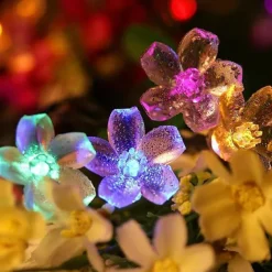 7M LED Solar Outdoor String Lights, 50 Cherry Blossom LEDs in Warm White, RGB, White & Blue, Waterproof Wedding Garden Christmas Decoration with Mounting Bracket