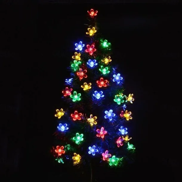 7M LED Solar Outdoor String Lights, 50 Cherry Blossom LEDs in Warm White, RGB, White & Blue, Waterproof Wedding Garden Christmas Decoration with Mounting Bracket