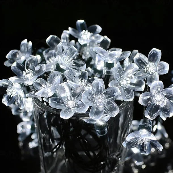 7M LED Solar Outdoor String Lights, 50 Cherry Blossom LEDs in Warm White, RGB, White & Blue, Waterproof Wedding Garden Christmas Decoration with Mounting Bracket