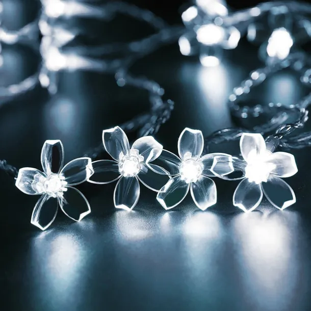 7M LED Solar Outdoor String Lights, 50 Cherry Blossom LEDs in Warm White, RGB, White & Blue, Waterproof Wedding Garden Christmas Decoration with Mounting Bracket