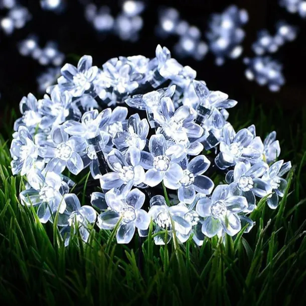 7M LED Solar Outdoor String Lights, 50 Cherry Blossom LEDs in Warm White, RGB, White & Blue, Waterproof Wedding Garden Christmas Decoration with Mounting Bracket