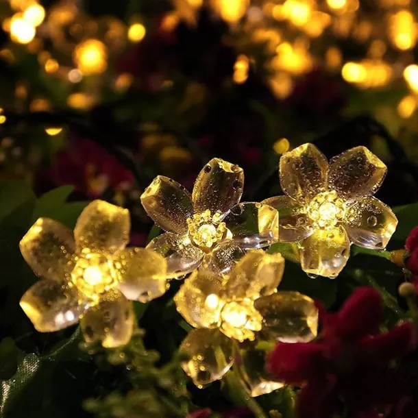 7M LED Solar Outdoor String Lights, 50 Cherry Blossom LEDs in Warm White, RGB, White & Blue, Waterproof Wedding Garden Christmas Decoration with Mounting Bracket