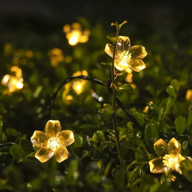 7M LED Solar Outdoor String Lights, 50 Cherry Blossom LEDs in Warm White, RGB, White & Blue, Waterproof Wedding Garden Christmas Decoration with Mounting Bracket