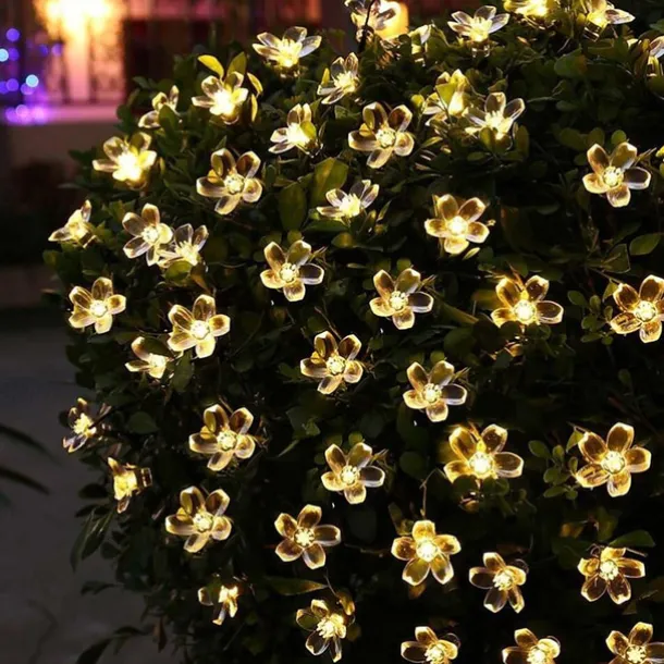 7M LED Solar Outdoor String Lights, 50 Cherry Blossom LEDs in Warm White, RGB, White & Blue, Waterproof Wedding Garden Christmas Decoration with Mounting Bracket