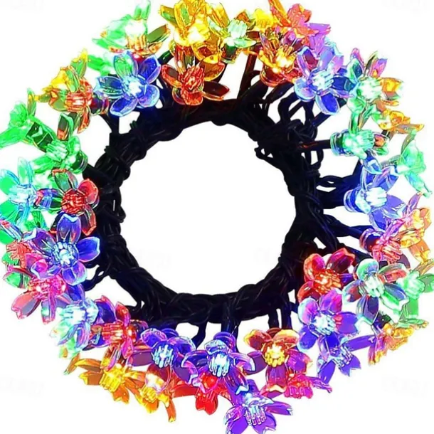 7M LED Solar Outdoor String Lights, 50 Cherry Blossom LEDs in Warm White, RGB, White & Blue, Waterproof Wedding Garden Christmas Decoration with Mounting Bracket