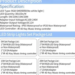 20m 15m 10m LED Strip Light Waterproof RGB Bluetooth APP Control Music Sync 5050 SMD Color Changing Backlight Home Party Decoration