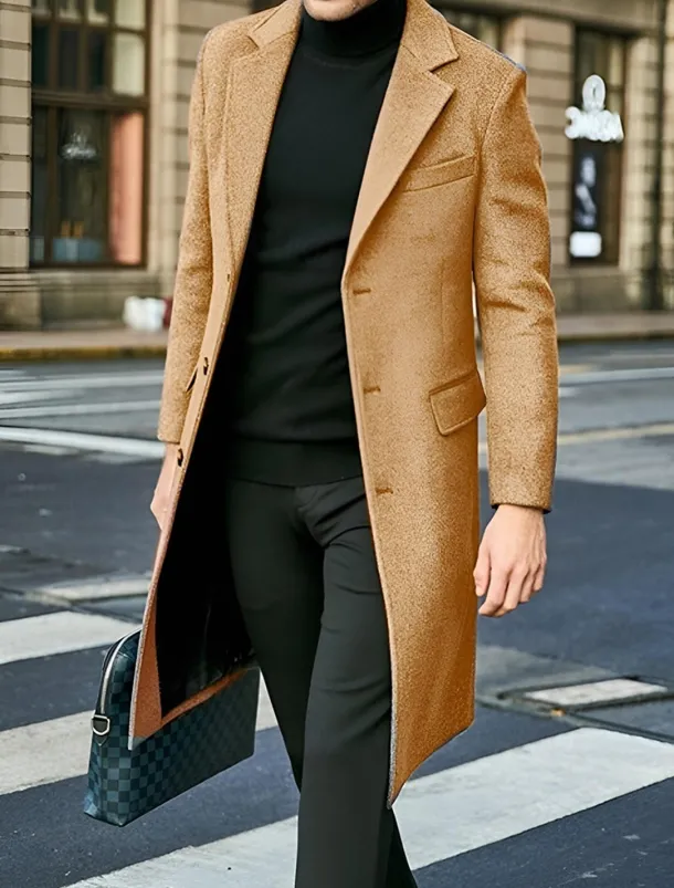 Male Overcoat Coat Trench Coat Daily Wear Buckle Fall & Winter Solid / Plain Color Leisure Lapel Long Camel Black Gray Jacket