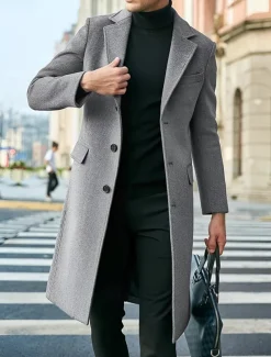 Male Overcoat Coat Trench Coat Daily Wear Buckle Fall & Winter Solid / Plain Color Leisure Lapel Long Camel Black Gray Jacket