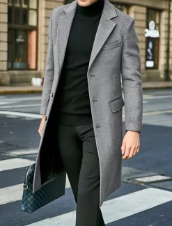 Male Overcoat Coat Trench Coat Daily Wear Buckle Fall & Winter Solid / Plain Color Leisure Lapel Long Camel Black Gray Jacket