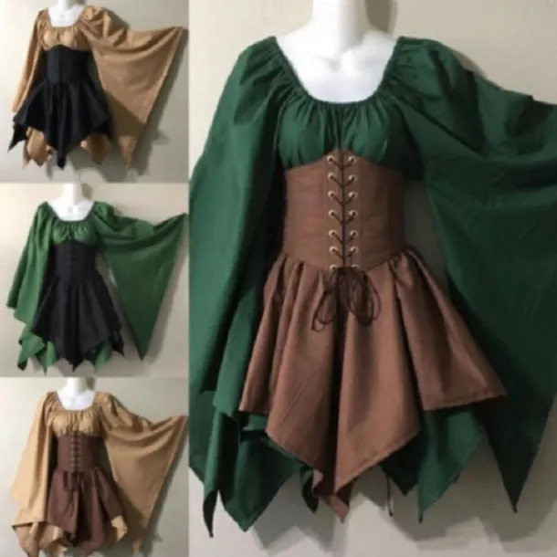Medieval Cocktail Dress Vintage Dress Short / Mini Dress Princess Viking Ranger Archery U Neck Fancy Dress Women's Celtic Pirate Fantasy Party / Cocktail Festival Adults Dress All Seasons