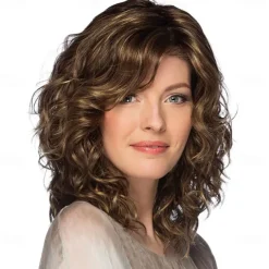 Medium Length Blonde Curly Wigs for White Women Short Layered Wavy Bob Wigs Synthetic Hair Blond Wigs for Daily Party Cosplay