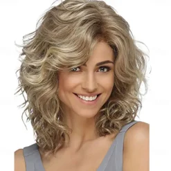 Medium Length Blonde Curly Wigs for White Women Short Layered Wavy Bob Wigs Synthetic Hair Blond Wigs for Daily Party Cosplay