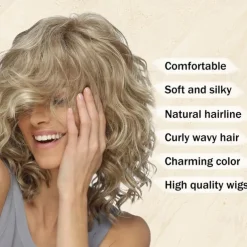 Medium Length Blonde Curly Wigs for White Women Short Layered Wavy Bob Wigs Synthetic Hair Blond Wigs for Daily Party Cosplay