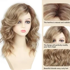 Medium Length Blonde Curly Wigs for White Women Short Layered Wavy Bob Wigs Synthetic Hair Blond Wigs for Daily Party Cosplay