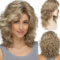Medium Length Blonde Curly Wigs for White Women Short Layered Wavy Bob Wigs Synthetic Hair Blond Wigs for Daily Party Cosplay