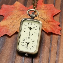 Men Bronze Double Time Zone Rectangle Pocket Watch Quartz Movement Women Ladies Dress Necklace Gifts