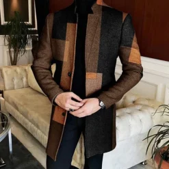Men Geometric Plaid Overcoat Coat Casual Business Casual Daily 3D Print Buttons Front Pocket Spring Fall Winter Notch Long Sleeve Black Blue Brown