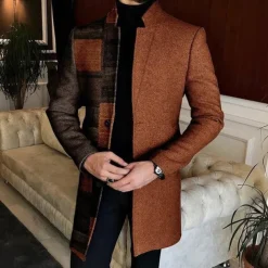 Men Geometric Plaid Overcoat Coat Casual Business Casual Daily 3D Print Buttons Front Pocket Spring Fall Winter Notch Long Sleeve Black Blue Brown