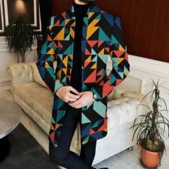 Men Geometric Plaid Overcoat Coat Casual Business Casual Daily 3D Print Buttons Front Pocket Spring Fall Winter Notch Long Sleeve Black Blue Brown