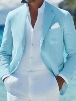 Men Linen Blazer Sport Coat Casual Daily Vacation Spring & Summer Cotton And Linen Solid Color Comfy Single Breasted Two-button Blazer White Beige Light Blue