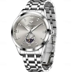 Men Mechanical Watch Creative Fashion Business Wristwatch Automatic Self-winding Moon phase Luminous Waterproof Steel Watch