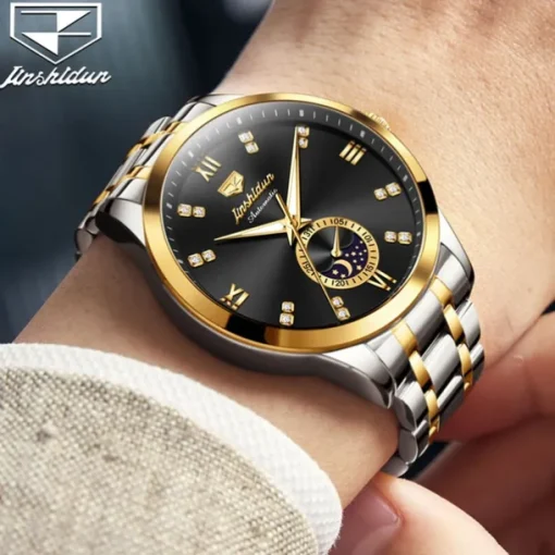 Men Mechanical Watch Creative Fashion Business Wristwatch Automatic Self-winding Moon phase Luminous Waterproof Steel Watch