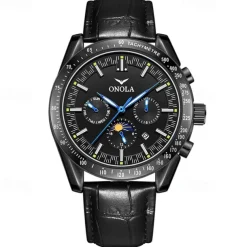 Men Mechanical Watch Fashion Business Wristwatch Automatic Self-winding Tourbillon Moon phase Luminous Leather Watch