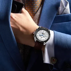 Men Mechanical Watch Fashion Business Wristwatch Automatic Self-winding Tourbillon Moon phase Luminous Leather Watch