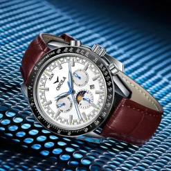 Men Mechanical Watch Fashion Business Wristwatch Automatic Self-winding Tourbillon Moon phase Luminous Leather Watch