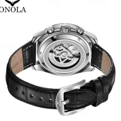 Men Mechanical Watch Fashion Business Wristwatch Automatic Self-winding Tourbillon Moon phase Luminous Leather Watch