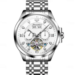 Men Mechanical Watch Fashion Casual Wristwatch Automatic Self-winding Luminous Calendar Date Week Steel Watch