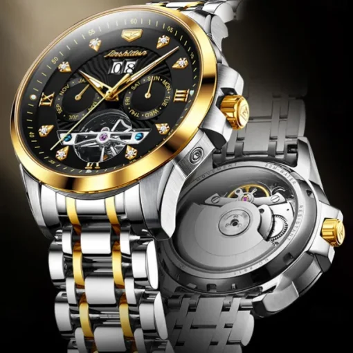 Men Mechanical Watch Fashion Casual Wristwatch Automatic Self-winding Luminous Calendar Date Week Steel Watch
