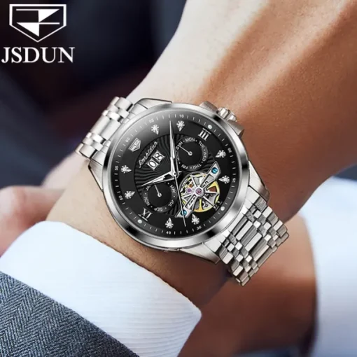 Men Mechanical Watch Fashion Casual Wristwatch Automatic Self-winding Luminous Calendar Date Week Steel Watch