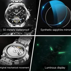 Men Mechanical Watch Fashion Casual Wristwatch Automatic Self-winding Luminous Calendar Date Week Steel Watch