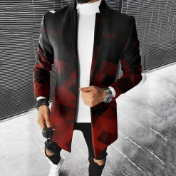 Men Ombre Geometric Overcoat Coat Casual Business Casual Daily 3D Print Buttons Front Pocket Spring Fall Winter Notch Long Sleeve Black Red Gray