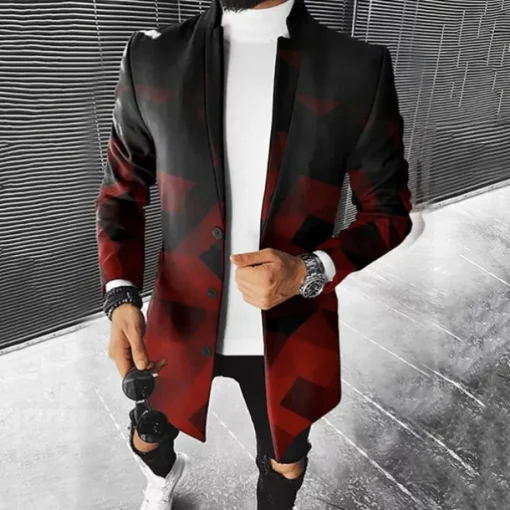 Men Ombre Geometric Overcoat Coat Casual Business Casual Daily 3D Print Buttons Front Pocket Spring Fall Winter Notch Long Sleeve Black Red Gray