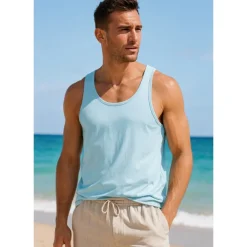 Men Sleeveless Round Summer Solid Color Vacation Daily Casual Plain Outdoor Vacation Home White Light Blue Top Tee for Men