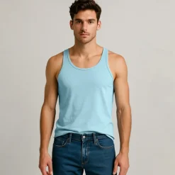 Men Sleeveless Round Summer Solid Color Vacation Daily Casual Plain Outdoor Vacation Home White Light Blue Top Tee for Men