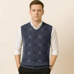 Men Sweater Vest Knit Geometric V Neck Smart Casual Formal Vacation Clothing Apparel Spring Autumn Wine Dark Green S M L