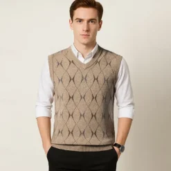 Men Sweater Vest Knit Geometric V Neck Smart Casual Formal Vacation Clothing Apparel Spring Autumn Wine Dark Green S M L