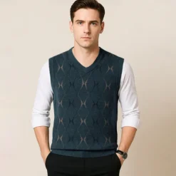Men Sweater Vest Knit Geometric V Neck Smart Casual Formal Vacation Clothing Apparel Spring Autumn Wine Dark Green S M L