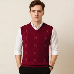 Men Sweater Vest Knit Geometric V Neck Smart Casual Formal Vacation Clothing Apparel Spring Autumn Wine Dark Green S M L